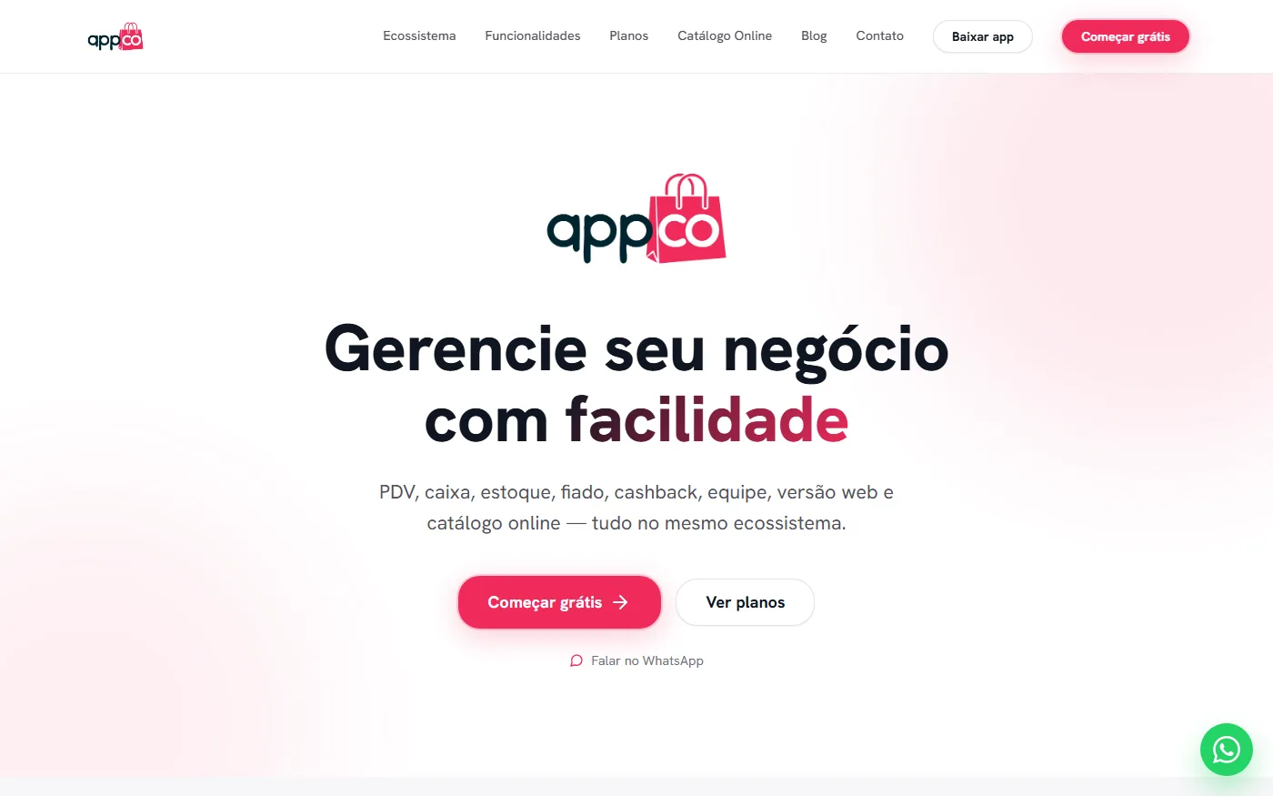 Página inicial do site da AppCo, com a chamada “Gerencie seu negócio com facilidade” e os botões Começar grátis e Ver planos