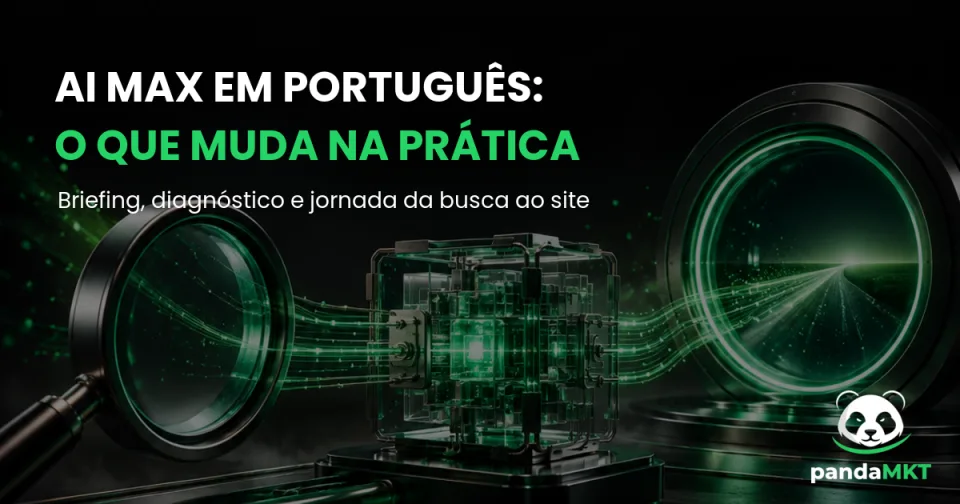Estrutura tecnológica em preto e verde representando o AI Max conectando briefing, busca, anúncio e página de destino.