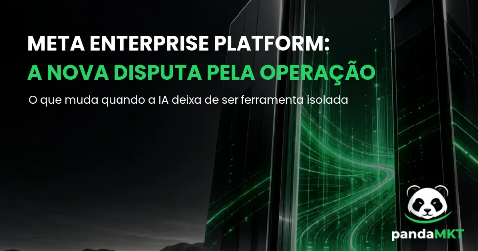 Portal tecnológico preto e verde representando a Meta Enterprise Platform e a integração de IA à operação empresarial.